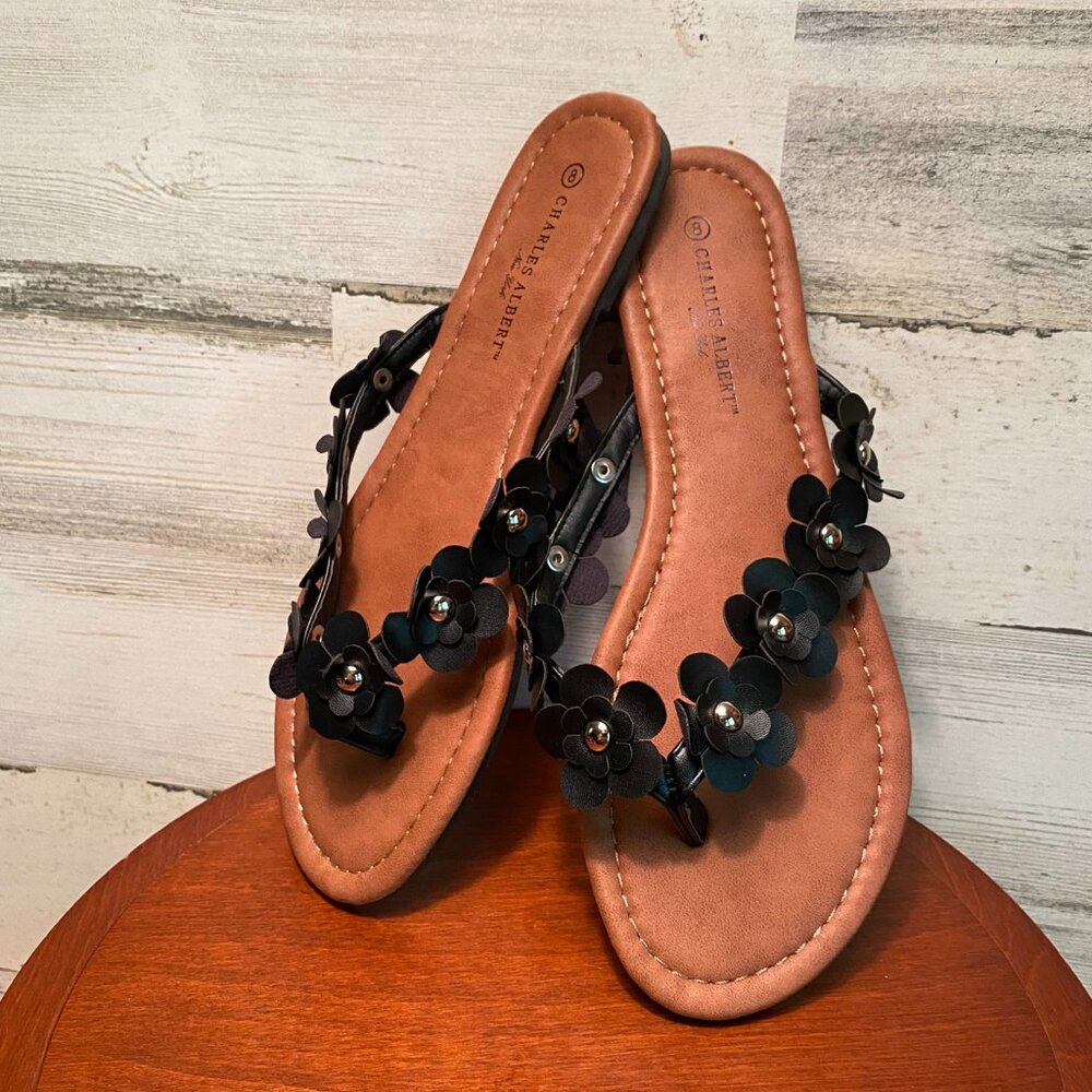 Charles Albert Black Thong Sandals Flower Detail Size 8